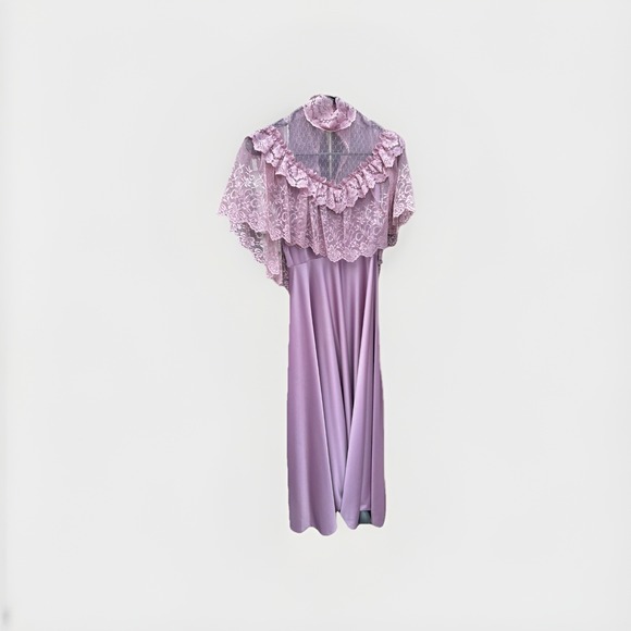 Vintage 70s JC Penney Elegant Lavender Lace Illusion Neck Prairie Gown Dress 5/6 - Picture 1 of 1